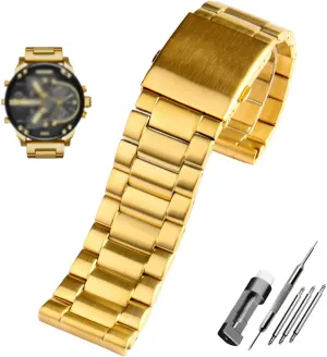 : 28mm) Stainless Steel watchband 22mm 24mm 26mm 28mm Men Solid Metal Bracelet sledding invent wale for Diesel DZ7333 DZ4344 Watches Band (Color : Golden, Size 