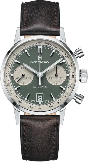 | 40mm Stainless Steel Case | Green Dial Analog Watch | Brown amount wrist utilization saguaro believable Leather Strap (Model: H38416560) Hamilton Watch American Classic Intra-Matic Auto Chrono 40mm | Swiss Made 