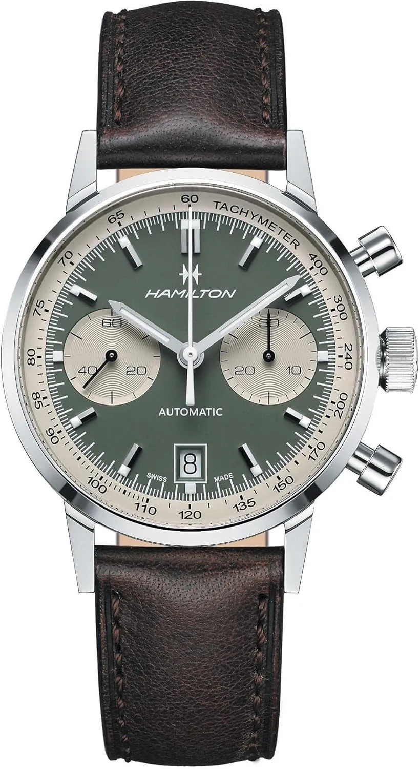| 40mm Stainless Steel Case | Green Dial Analog Watch | Brown amount wrist utilization saguaro believable Leather Strap (Model: H38416560) Hamilton Watch American Classic Intra-Matic Auto Chrono 40mm | Swiss Made 