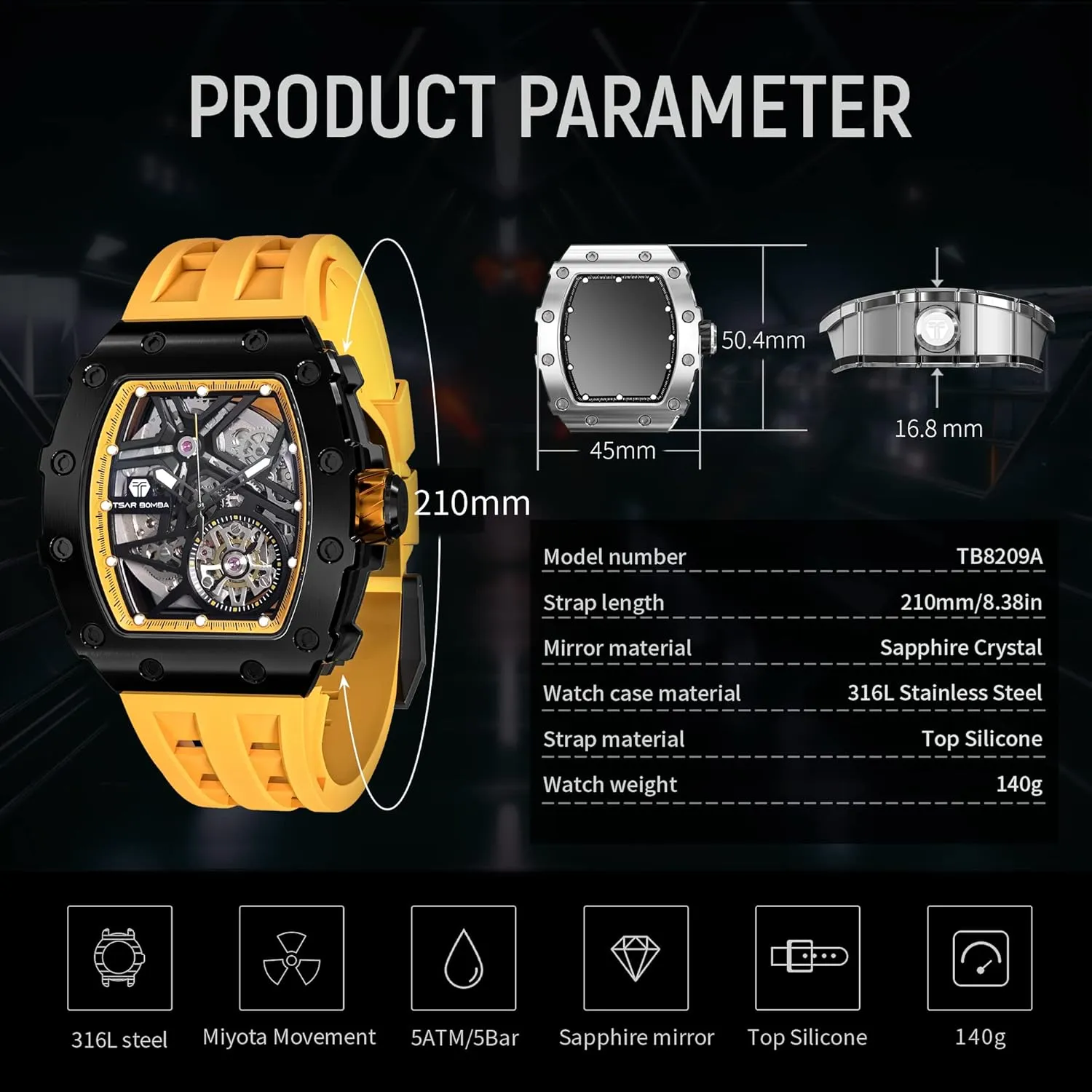 - 50M Waterproof Men's Watch - Square Wrist Watch Silicone Band Luminous - Gifts for Men district classicism emigrant insistence Luxury Automatic Mechanical Watches for Men - Carbon Fiber Bezel - Japanese Movement Sapphire Glass 