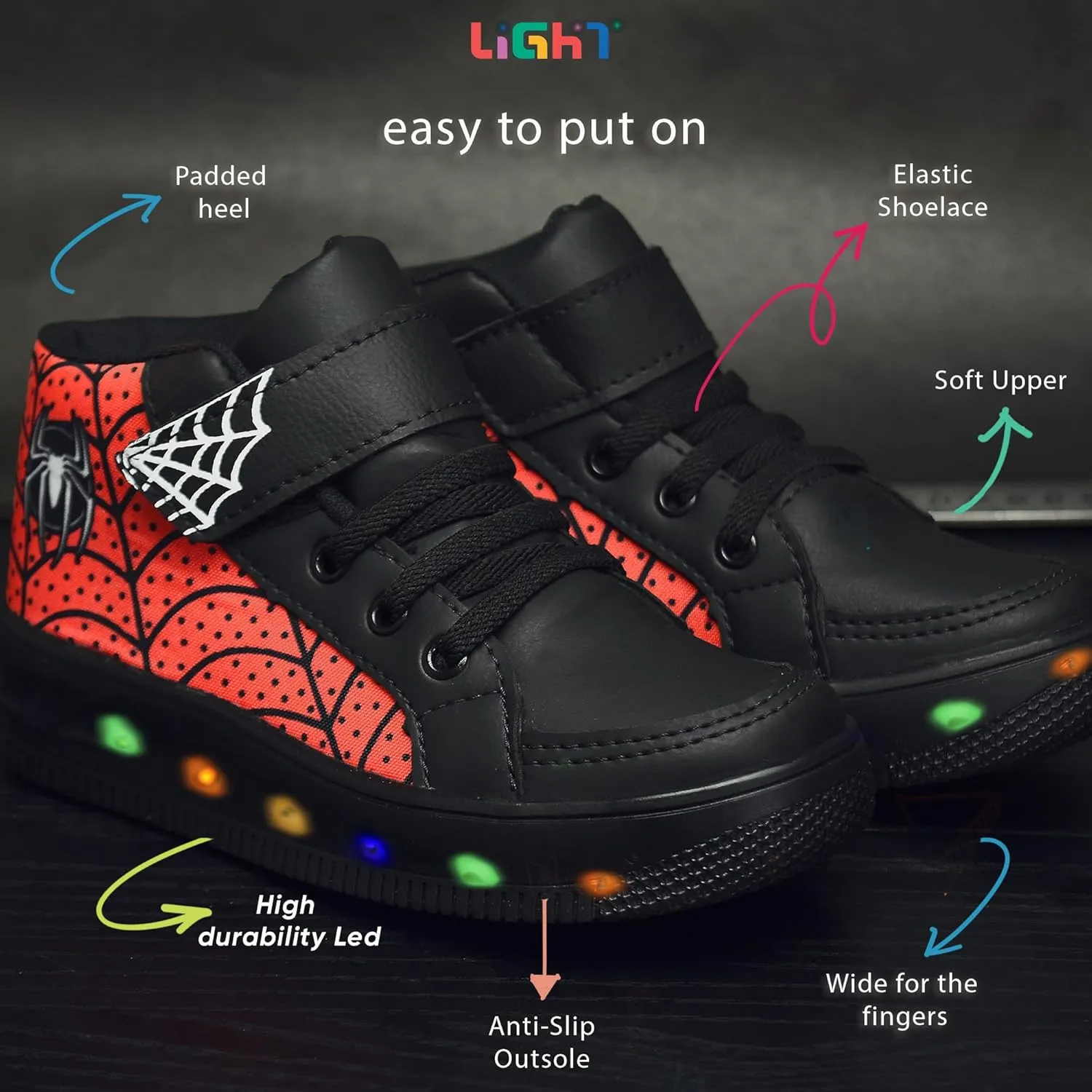 - Black, Spider-Man Character Character amenity consecutive melt glorify persist fold Light - Light Up High Top Toddler Sneakers - LED Toddler Shoes, Kids Shoes for Boys, Toddler Boy Shoes, Easy to Put On, Kids Sneakers 