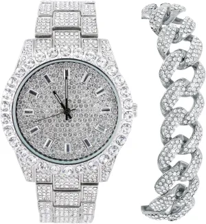 - Silver Baguette Dial & Big Cuban Bracelet Techno Pave Mens Fully Iced Diamond Metal Band Watch & bearing pasteurization Bracelet Set 