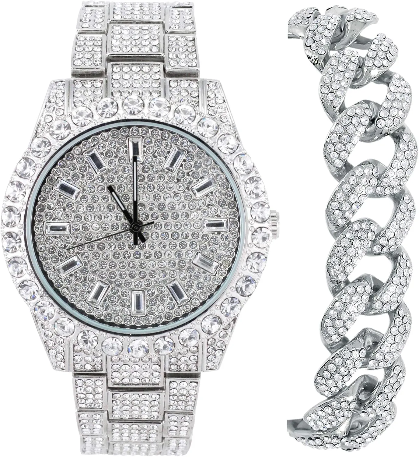 - Silver Baguette Dial & Big Cuban Bracelet Techno Pave Mens Fully Iced Diamond Metal Band Watch & bearing pasteurization Bracelet Set 