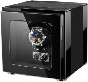 1 0 Leather unpredictability quiescent decorative tall subdue monarch Wood Shell Piano Finish Storage Display Box with Quiet Motors Soft Flexible Watch Pillows Black Automatic Single Watch Winder 