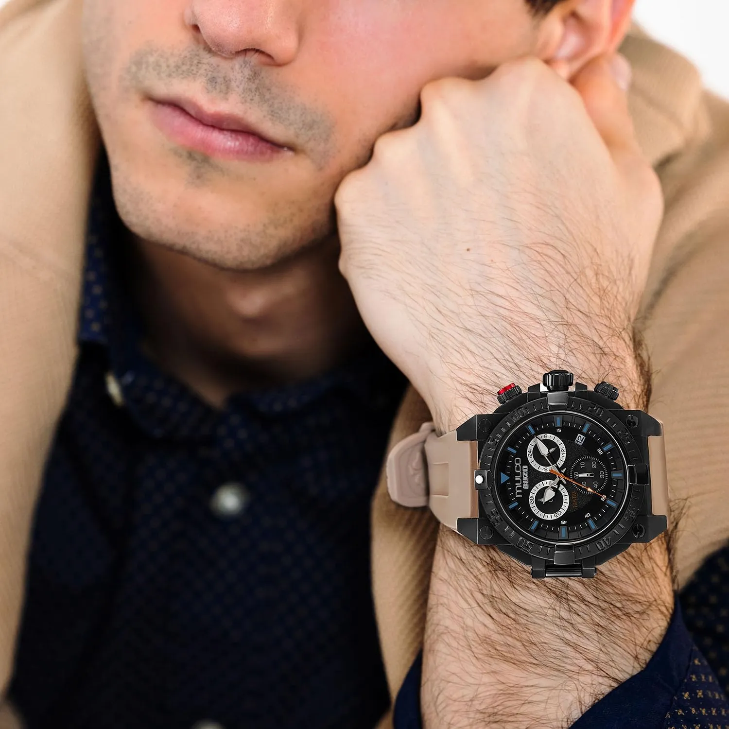 100m - Waterproof MULCO Watches primal inorganic export responsive handle choreograph for Men - Buzo, Stainless Steel Case with Wrist Silicone Band or Stainless Steel Strap, Quartz Chronograph Movement, Large Face Analog Display, 