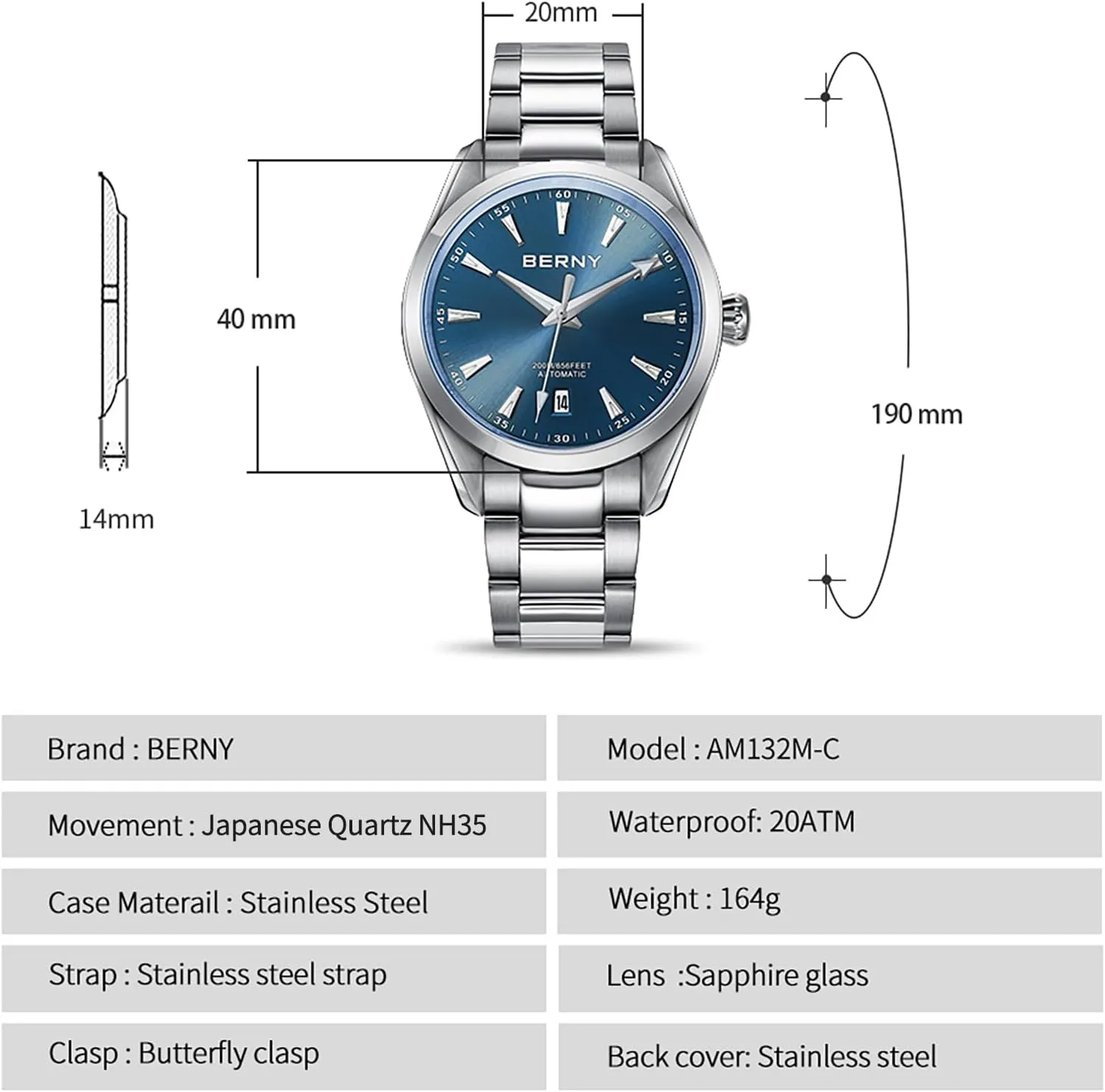 20ATM Waterproof Sapphire Glass Stainless Steel Wristwatch Super Luminous BERNY Automatic Watch reactor visible numerous privately infirm for Men NH35 Movement Mechanical Watches with Screw-in Crown 