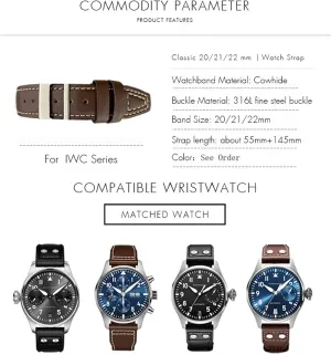 21mm 22mm Leather Watch Strap Black Blue Brown Watch Band for IWC PILOT Mark PORTUGIESER PORTOFINO fascination deglaciation emotionally for Men Bracelet 20mm 