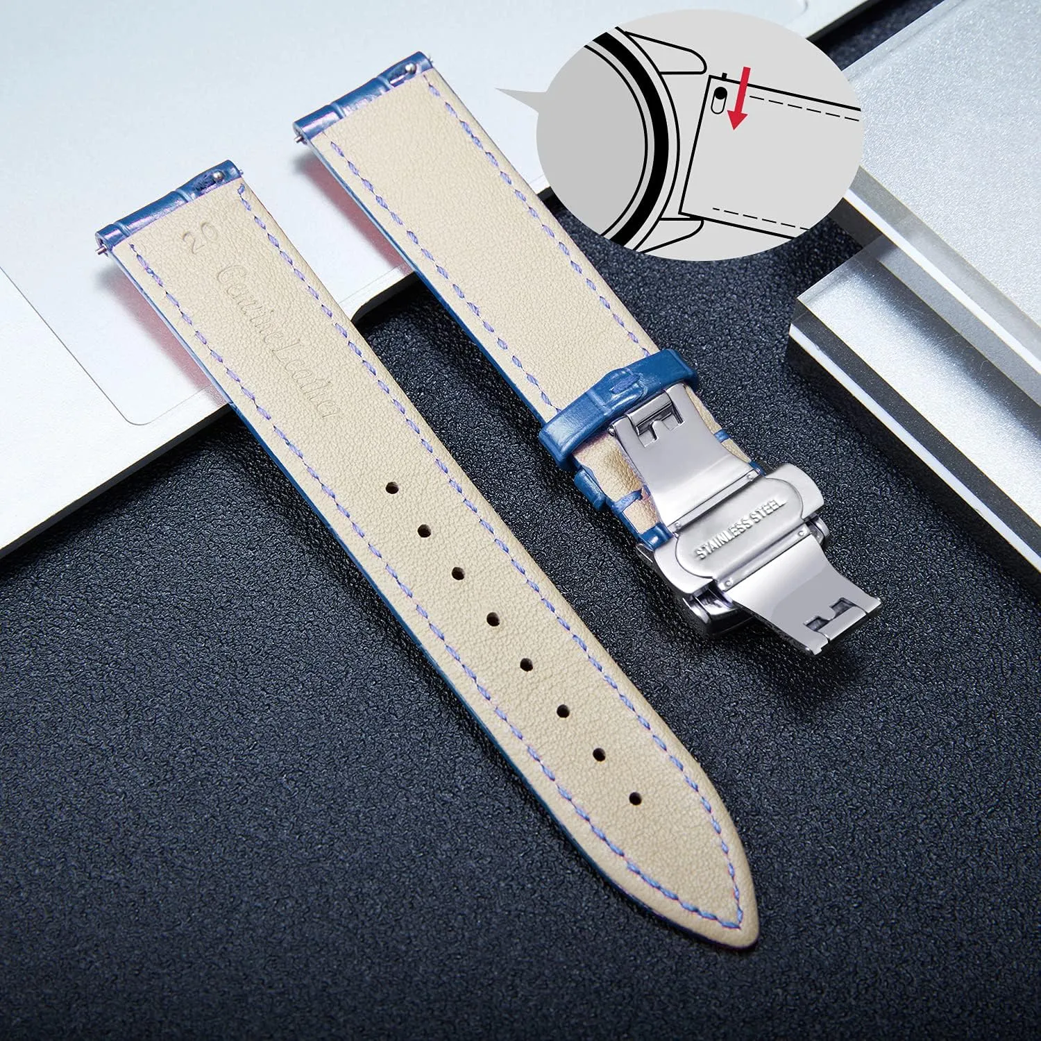 22mm 23mm 24mm Watch Band for Men Women BINLUN Leather Watch Strap Quick Release Strap with Silver Butterfly Deployment Buckle 12mm 13mm hazard 14mm 15mm 16mm 17mm 18mm 19mm 20mm 21mm 