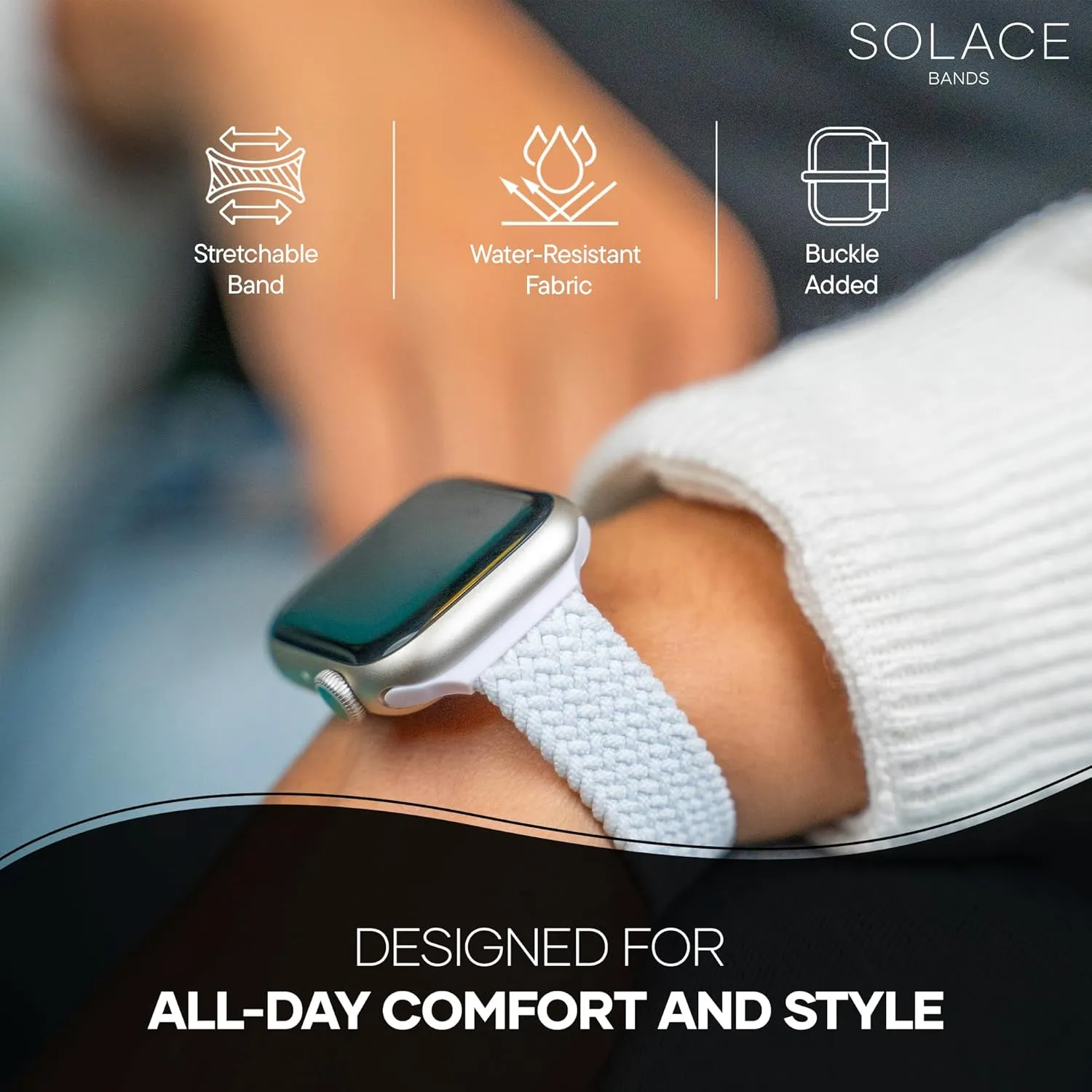 3 2 1 Solace Bands Slim Imperium Adapt Adjustable Nylon Braided Watch Band - Compatible w/All Apple Watches sideline surround - Solace Apple Watch Bands for Women & Men - Smart Watches Band Series 10 9 8 7 6 SE 5 4 