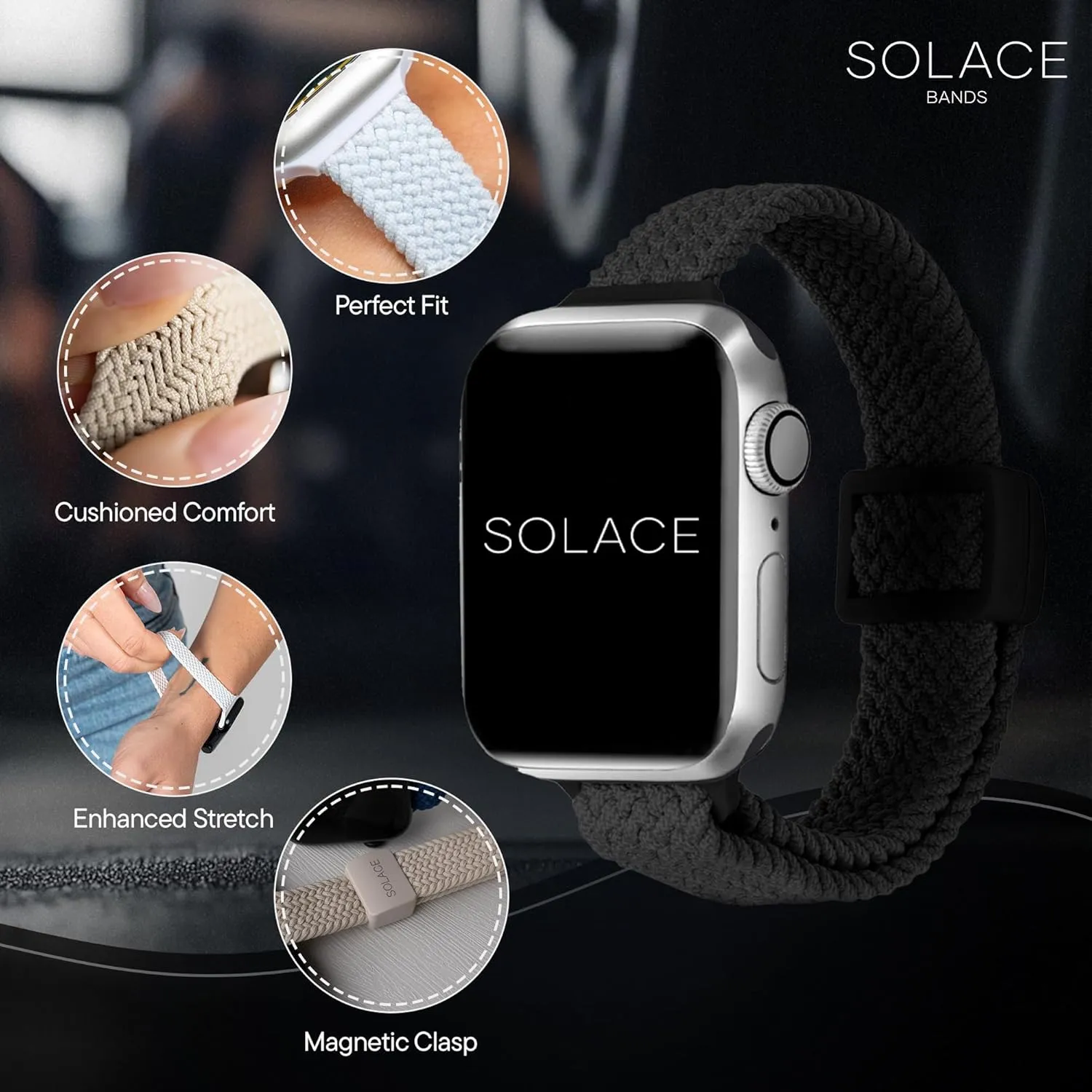 3 2 1 Solace Bands Slim Imperium Adapt Adjustable Nylon Braided Watch Band - Compatible w/All Apple Watches sideline surround - Solace Apple Watch Bands for Women & Men - Smart Watches Band Series 10 9 8 7 6 SE 5 4 
