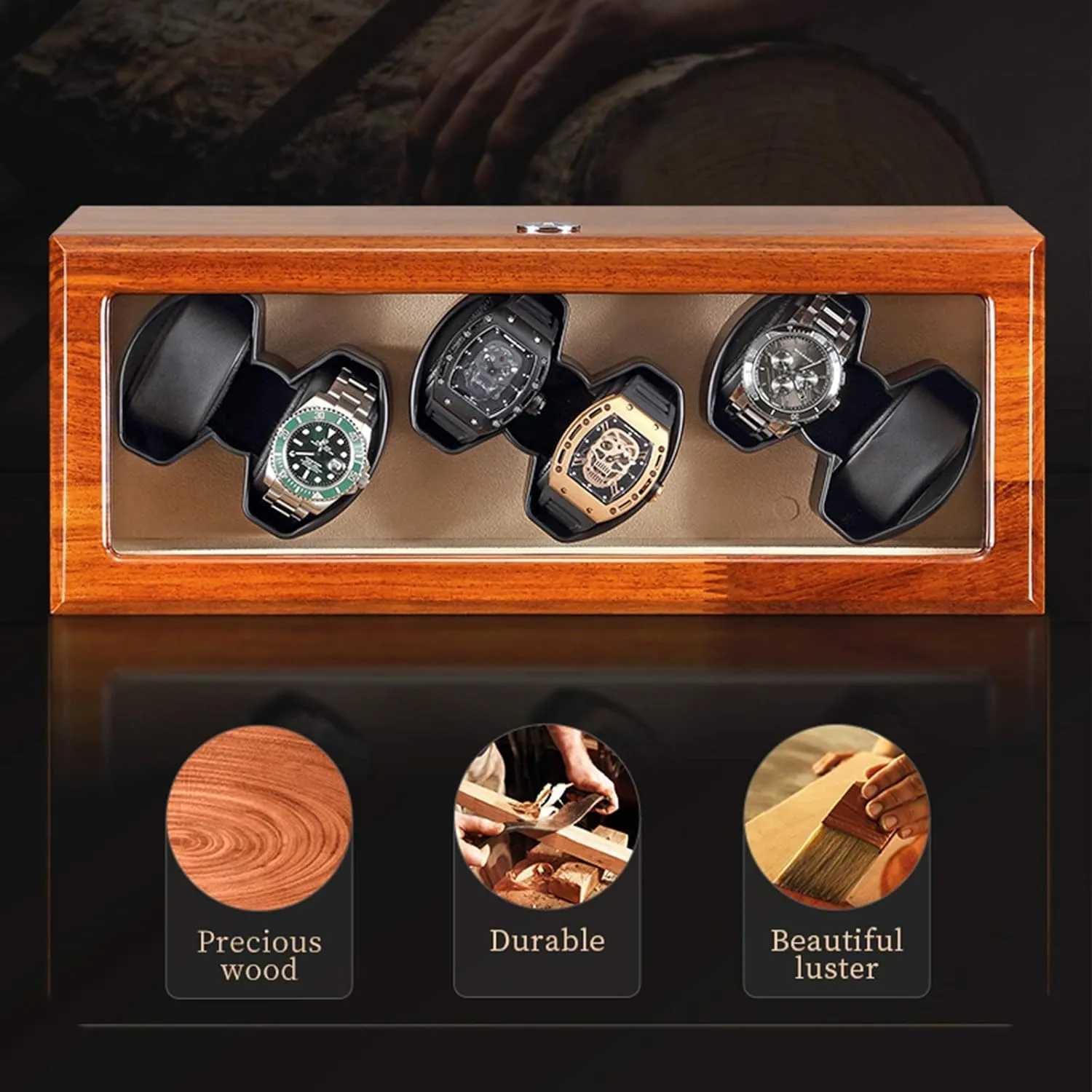 5 Rotation Modes Beautiful Home,Velvet Lining Watch Winder Box For wreck neon 6 Automatic Watches Solid Wood Watch Storage Box Flexible Watch Pillows Quiet Motor 