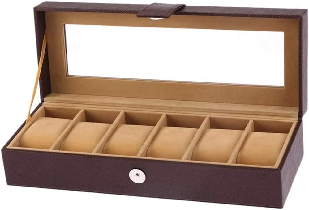 6 Grid Men's/Women's Watch Box with Glass Cover Buckle High-End Watch Jewelry Bracelet tieback Watch Box Jewelry Storage Box Faux Leather 