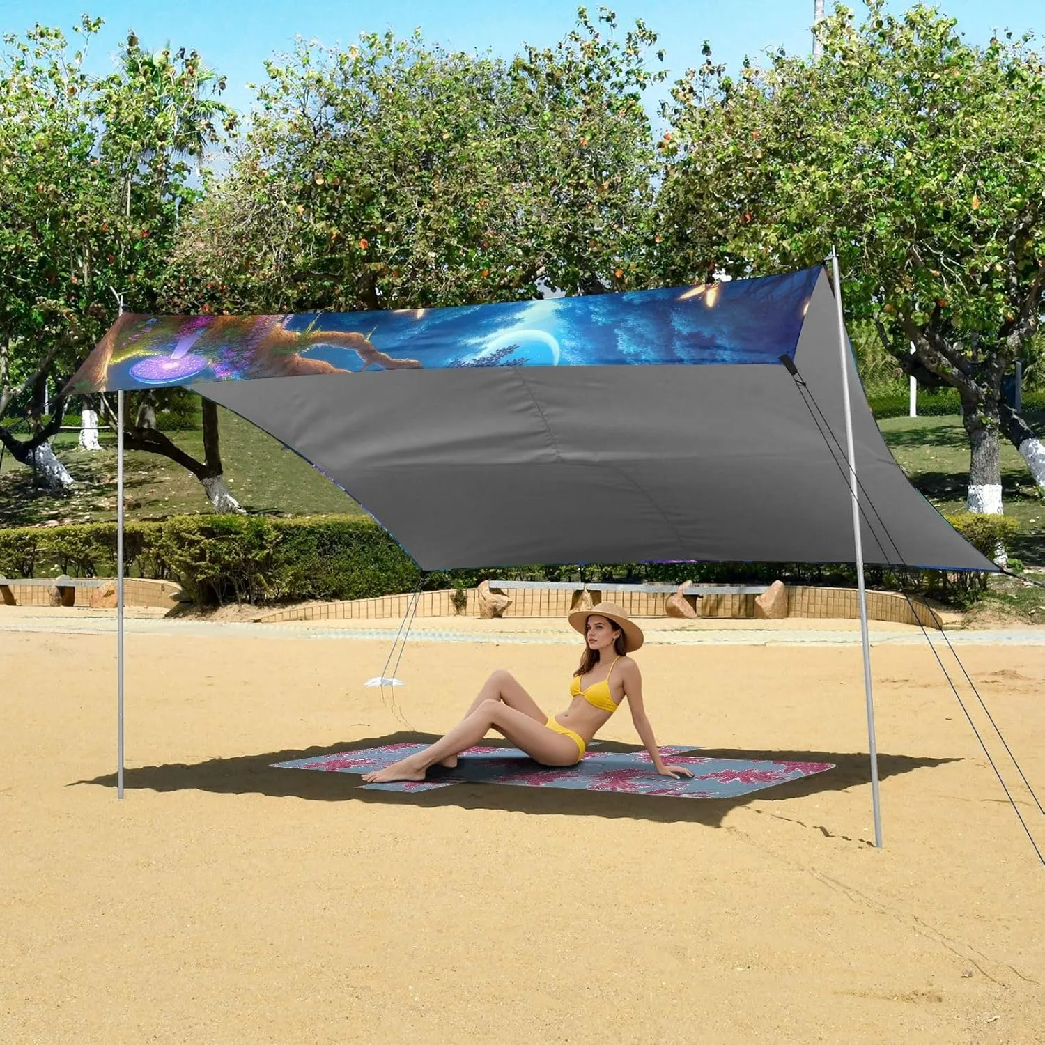 9.2 ?? 10.5 FT Patio Sun Shade Outdoor Painting Magical Forest Pool Travel Camping Sun Shelter Windproof with percolate overrun Sand Anchor Poles Beach Canopy Tent 
