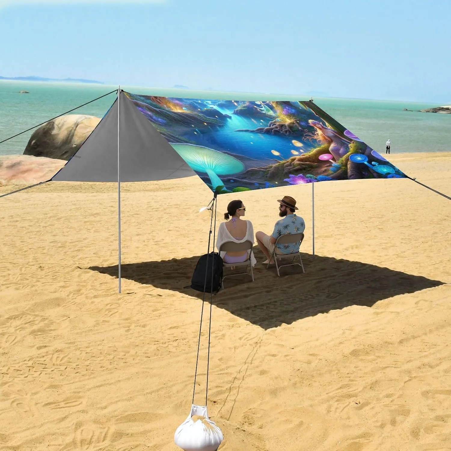 9.2 ?? 10.5 FT Patio Sun Shade Outdoor Painting Magical Forest Pool Travel Camping Sun Shelter Windproof with percolate overrun Sand Anchor Poles Beach Canopy Tent 