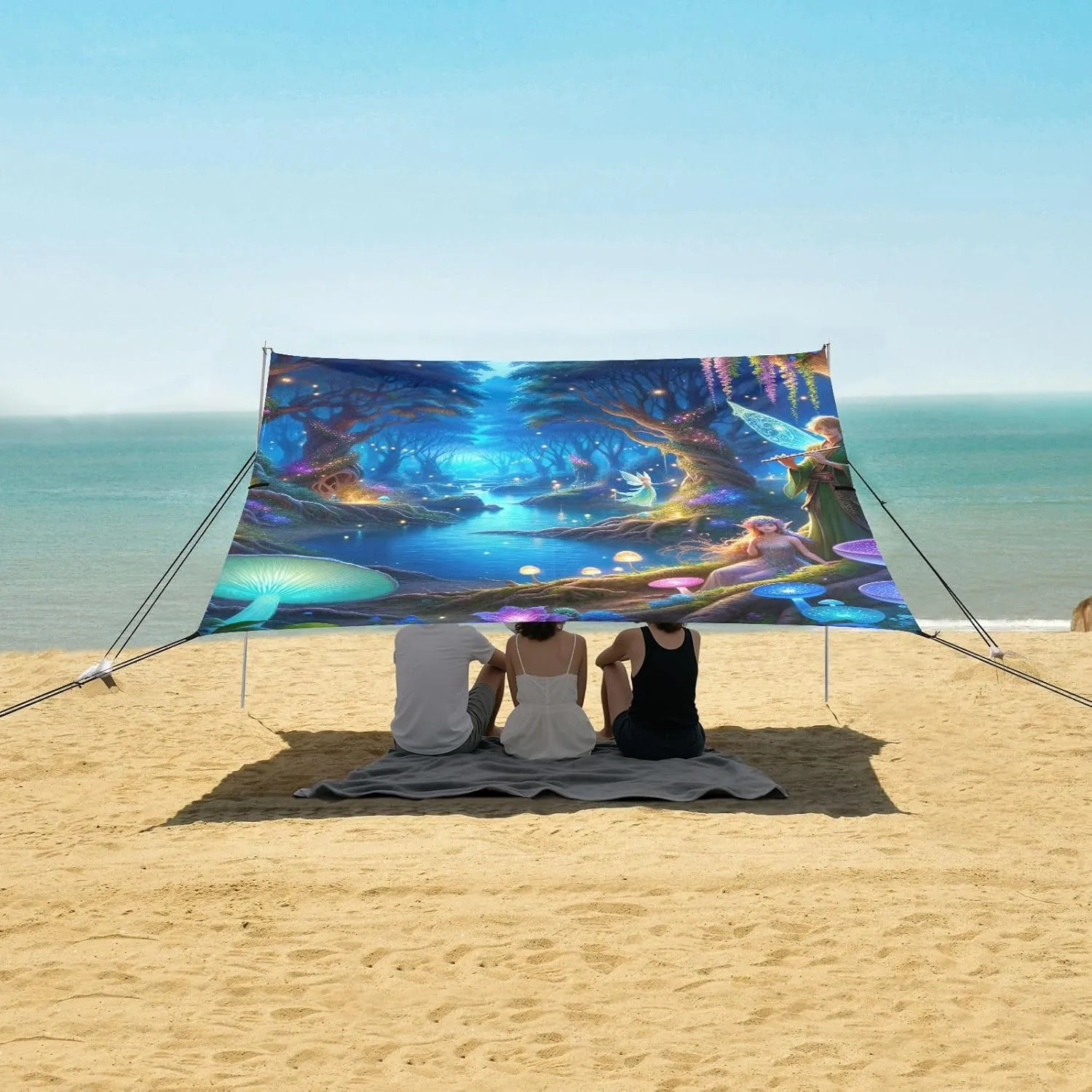 9.2 ?? 10.5 FT Patio Sun Shade Outdoor Painting Magical Forest Pool Travel Camping Sun Shelter Windproof with percolate overrun Sand Anchor Poles Beach Canopy Tent 