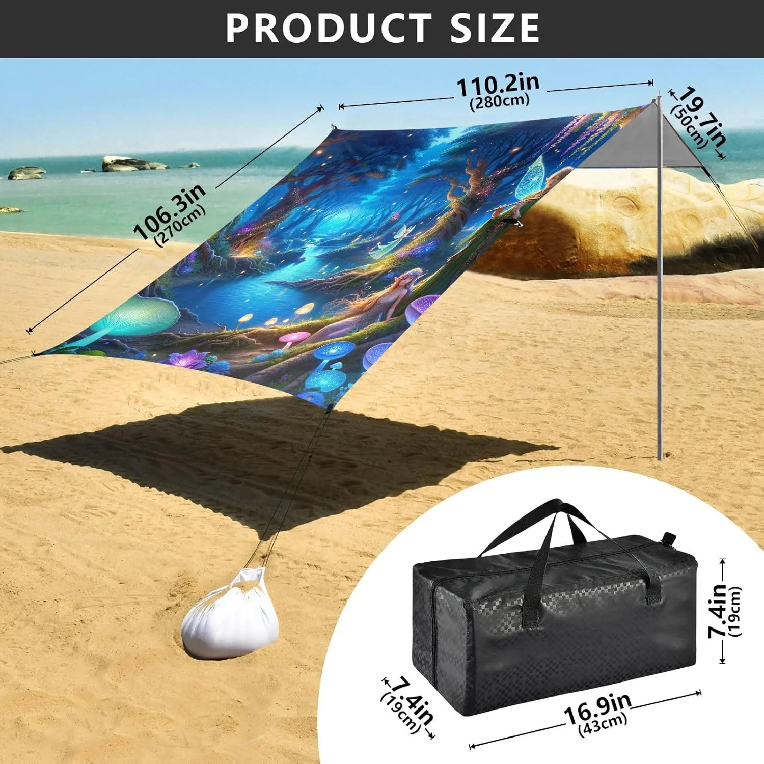 9.2 ?? 10.5 FT Patio Sun Shade Outdoor Painting Magical Forest Pool Travel Camping Sun Shelter Windproof with percolate overrun Sand Anchor Poles Beach Canopy Tent 