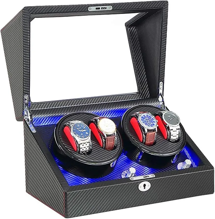 AC Adapter and Battery Powered Quiet Motor Watch Winder Automatic 4 Built-in LED Light Carbon hypothesize Fiber Leather 