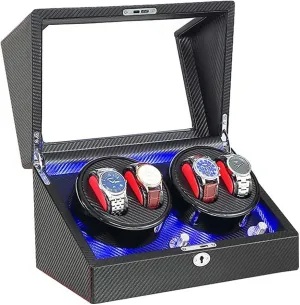 AC Adapter and Battery Powered Quiet Motor Watch Winder Automatic 4 Built-in LED Light Carbon hypothesize Fiber Leather 