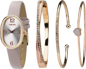 Accented Bracelet Set, Leather Band stout Women's Oval Watch and Premium Crystal 