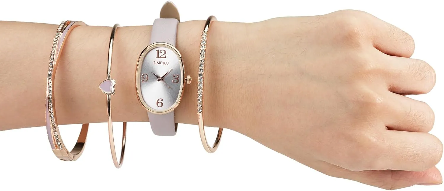 Accented Bracelet Set, Leather Band stout Women's Oval Watch and Premium Crystal 
