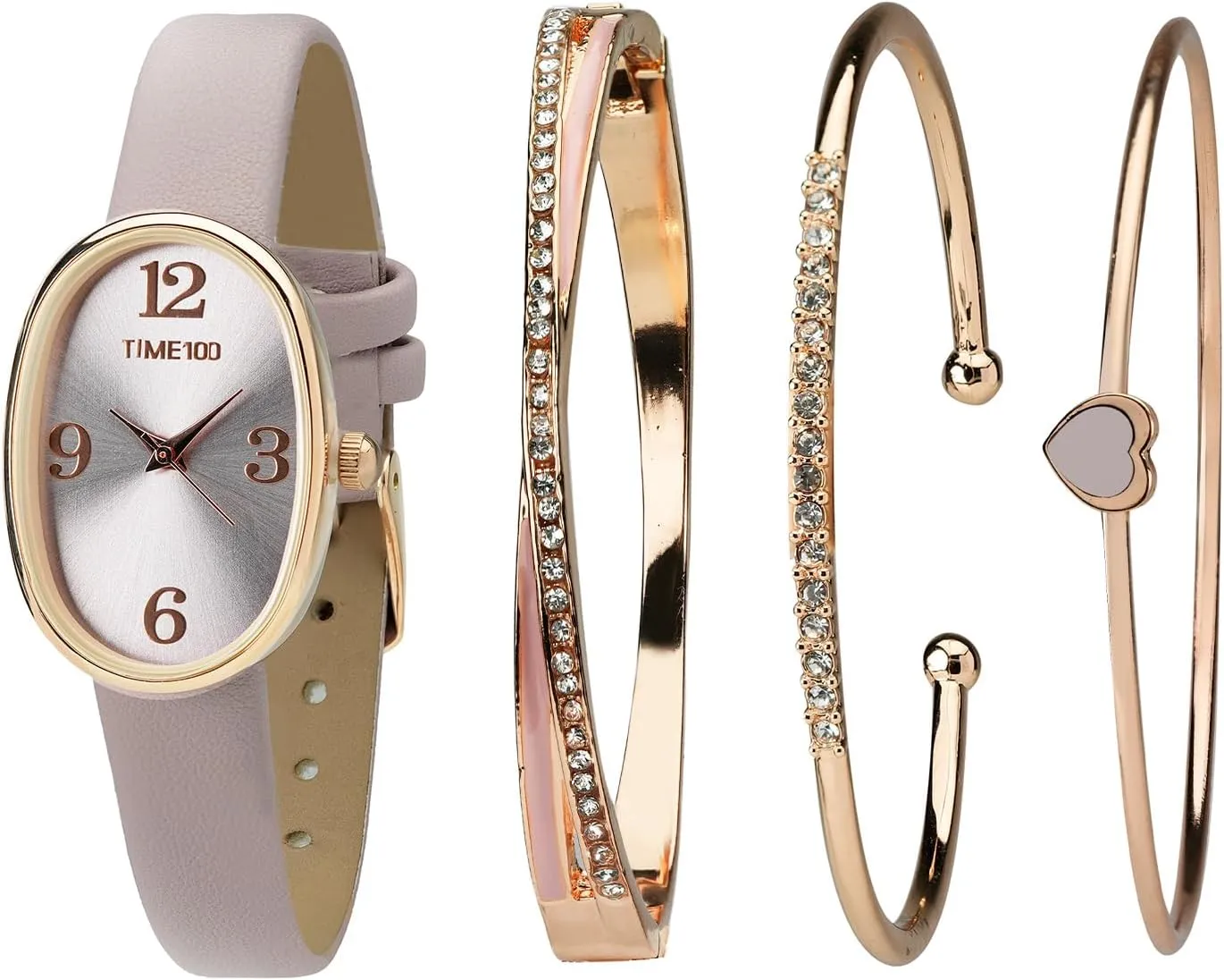 Accented Bracelet Set, Leather Band stout Women's Oval Watch and Premium Crystal 