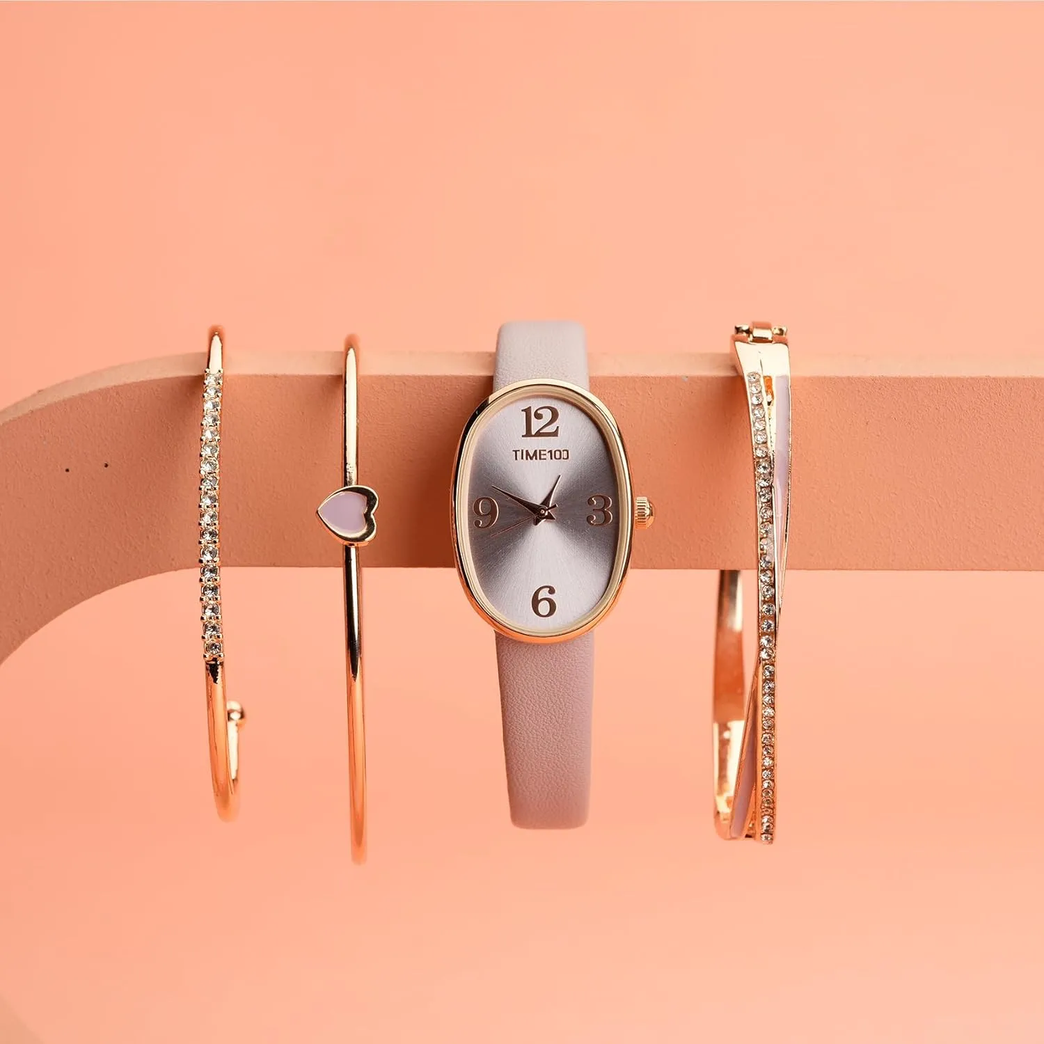 Accented Bracelet Set, Leather Band stout Women's Oval Watch and Premium Crystal 