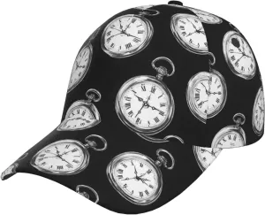 Adjustable Size Baseball Hats for Women, Mens Golf panel Dad Trucker Hat Black Vintage Pocket Watch Print Baseball Cap, 