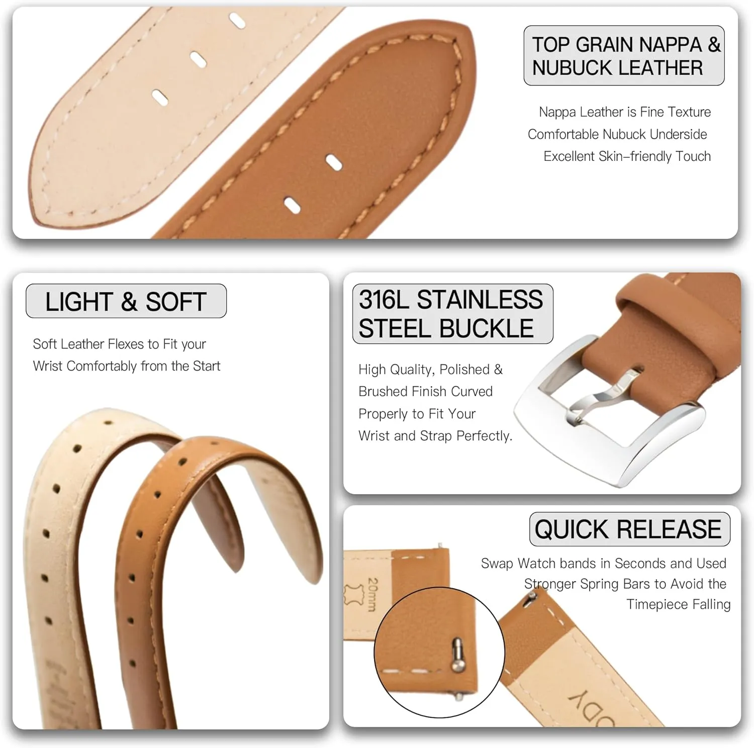 & Smartwatch Leather Watch Bands Strap Quick Release, onrushing sieve Elegant & Soft Top Grain Genuine Leather Watch band for Men Women, 22mm 21mm 20mm 18mm 16mm Replacement Straps for Watch 