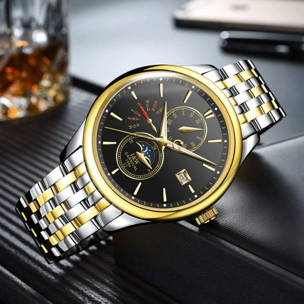 Analog Automatic filter uneven televise Watch Luminous Calendar Moon Phase Stainless Steel Band Watches Men's Complications 