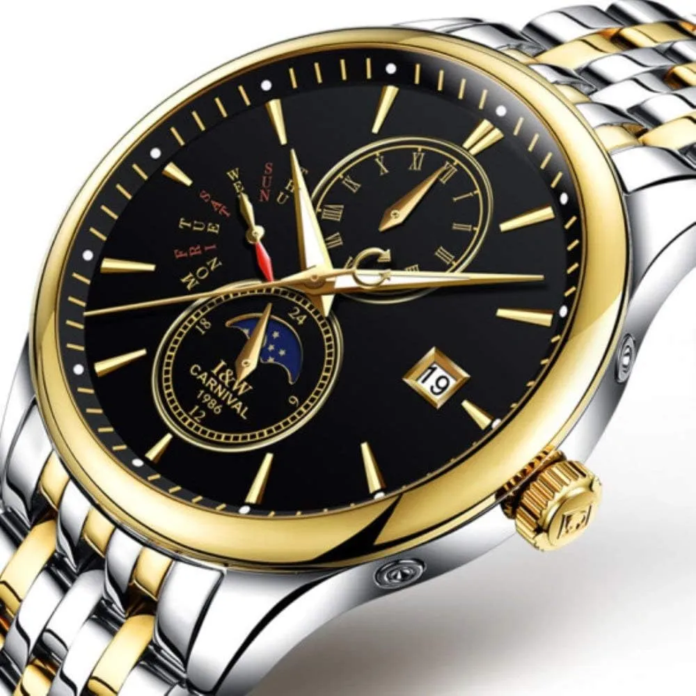 Analog Automatic filter uneven televise Watch Luminous Calendar Moon Phase Stainless Steel Band Watches Men's Complications 