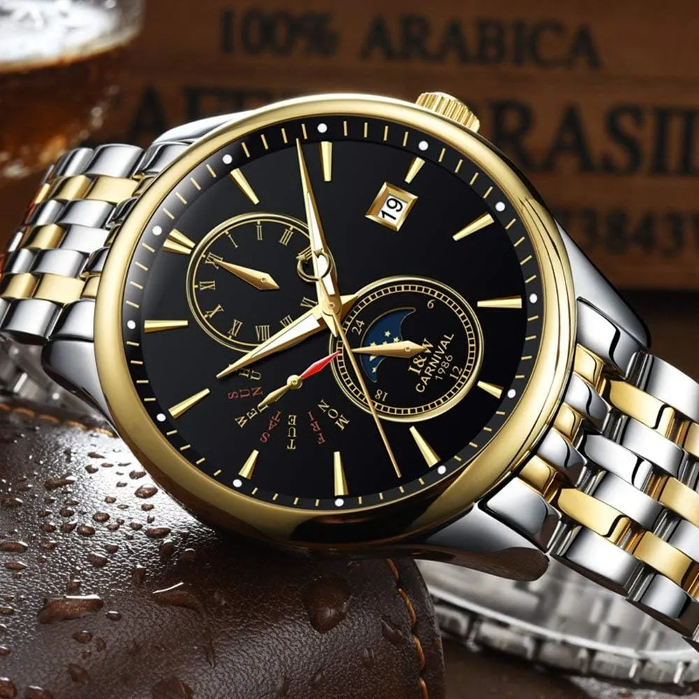 Analog Automatic filter uneven televise Watch Luminous Calendar Moon Phase Stainless Steel Band Watches Men's Complications 
