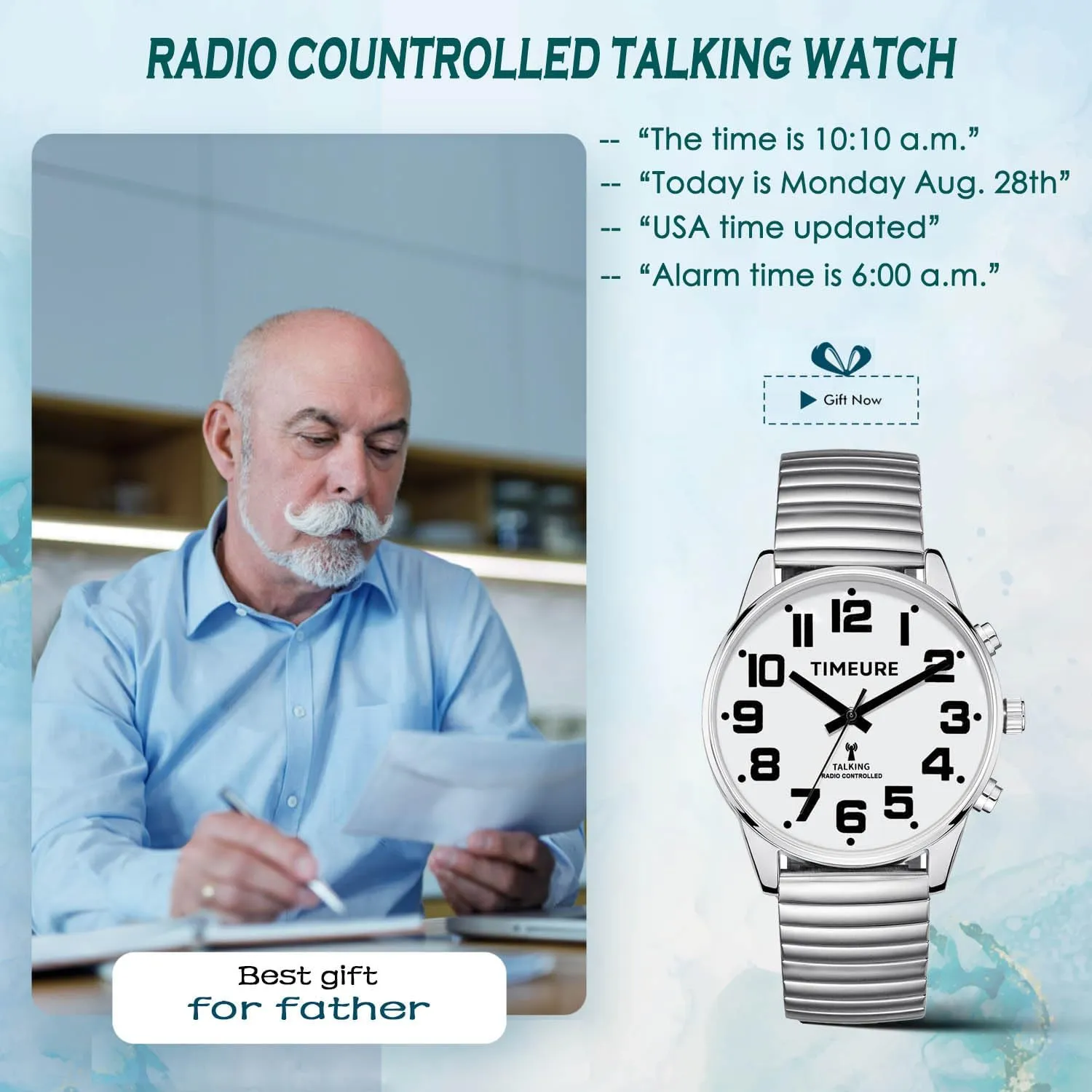 Analog Display, Voice Time/Date Reporting, Self-Adjusting Time, Alarm, Hourly Chime, flare TIMEURE-2309M Men's Talking Watch, 