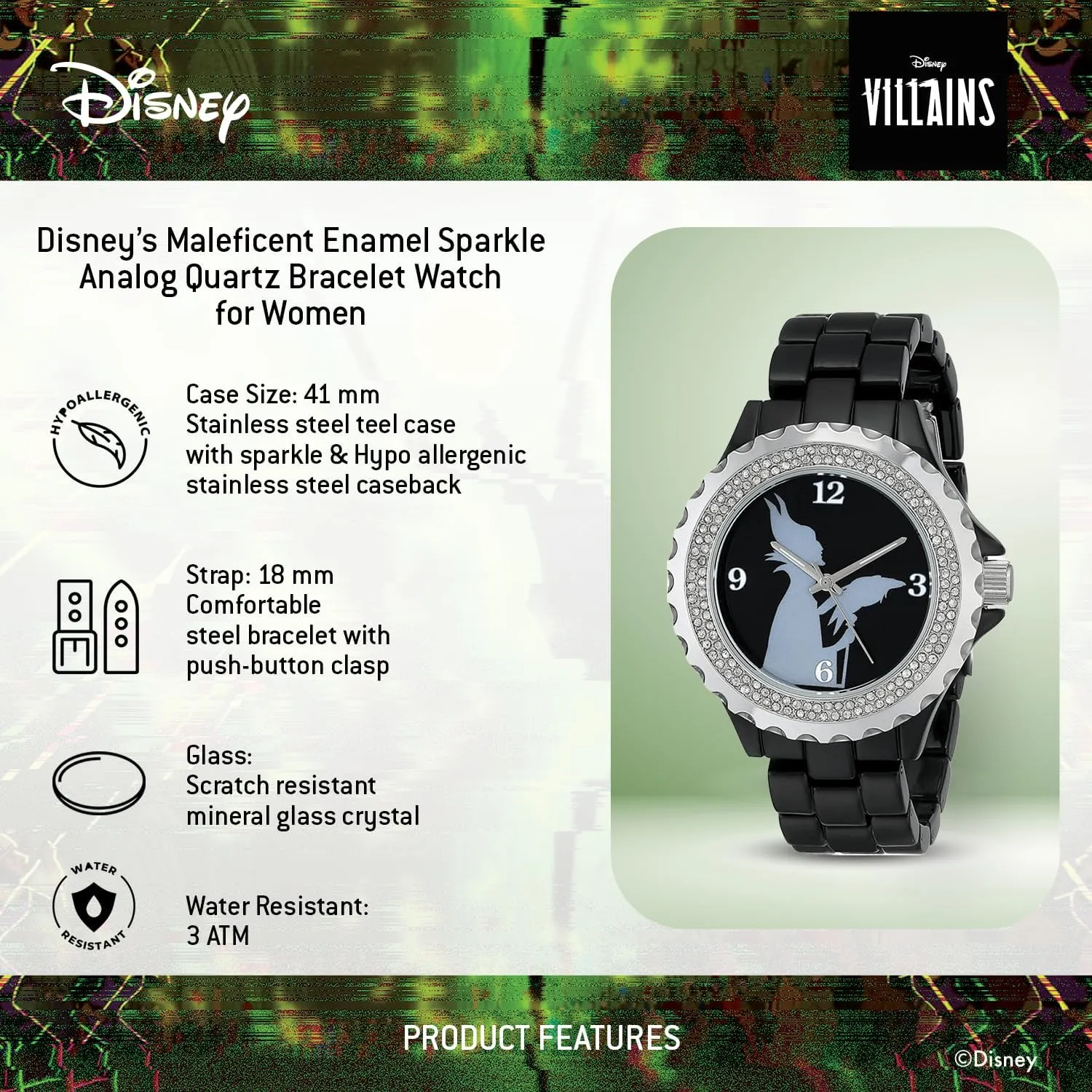 Analog Quartz Bracelet verifiable Watch Disney Adult Enamel Sparkle 
