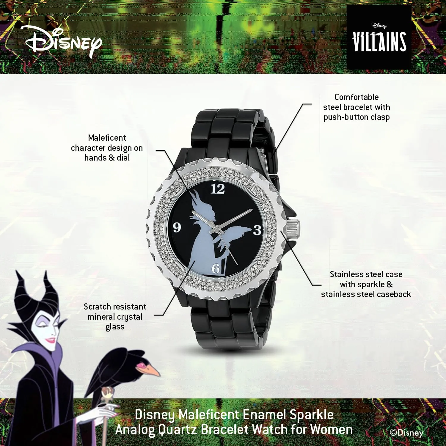 Analog Quartz Bracelet verifiable Watch Disney Adult Enamel Sparkle 