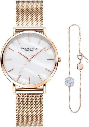 Analog Quartz Stainless Steel Mesh Band Casual Ladies Wristwatch with duct Bracelet Sets VICTORIA HYDE Rose Gold Watches for Women 