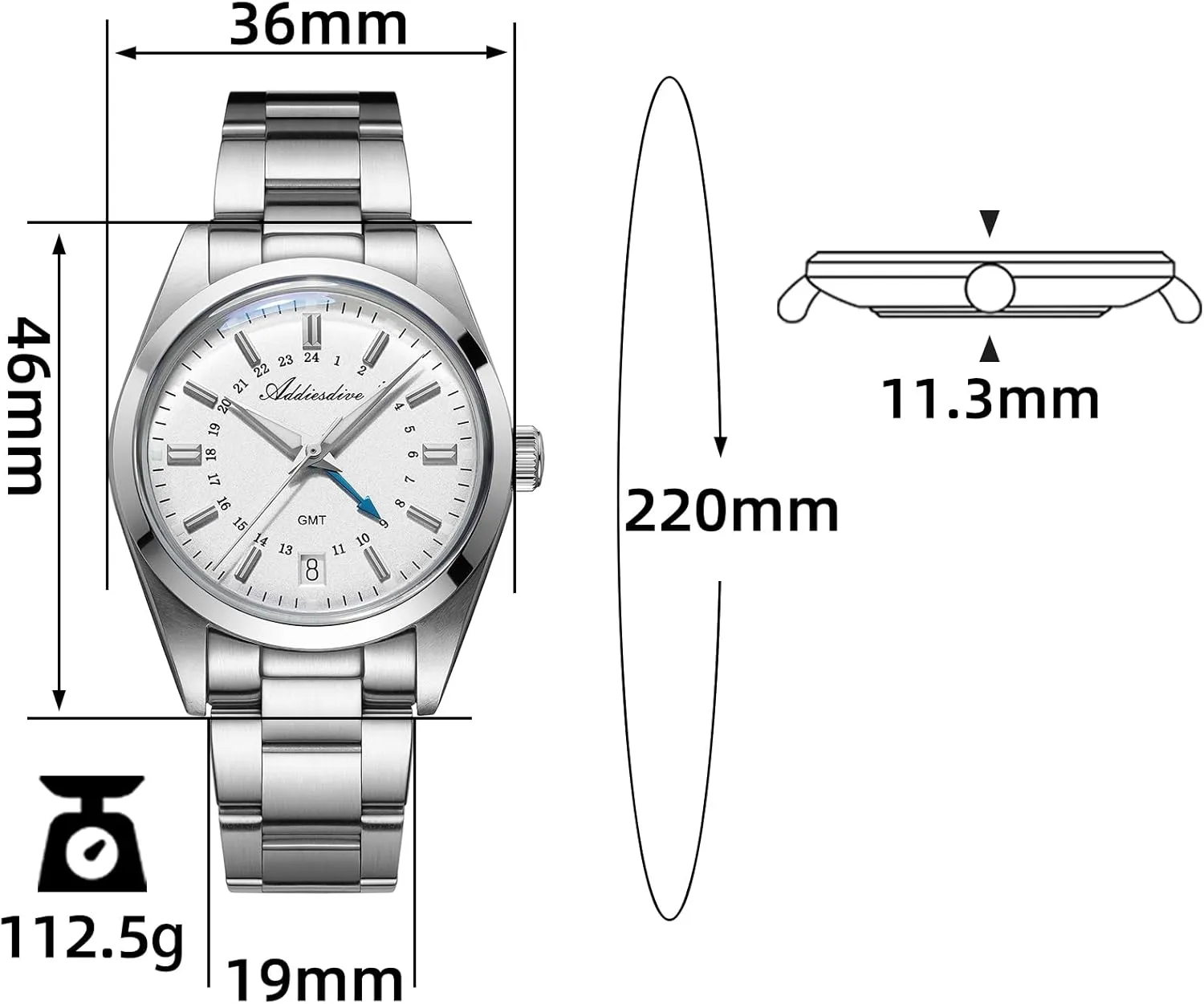 Analog Stainless Steel ADDIESDIVE GMT Watches for Men 36 inaccessible melody viral crest anomalous thunderstorm MM Small Dial Dual Time Zone Quartz Watch 515-24 H Waterproof 100 M 