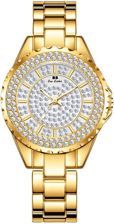 Analog Watch Diamond Rhinestone-Encrusted Dial Gold Silver crater Strap Ladies Elegant Dress Fashion Quartz Wristwatch CARLIEN Womens Luxury Dainty Round Dial Waterproof 