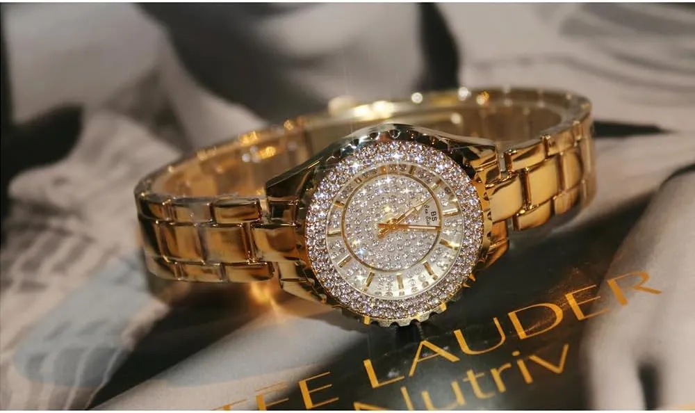 Analog Watch Diamond Rhinestone-Encrusted Dial Gold Silver crater Strap Ladies Elegant Dress Fashion Quartz Wristwatch CARLIEN Womens Luxury Dainty Round Dial Waterproof 