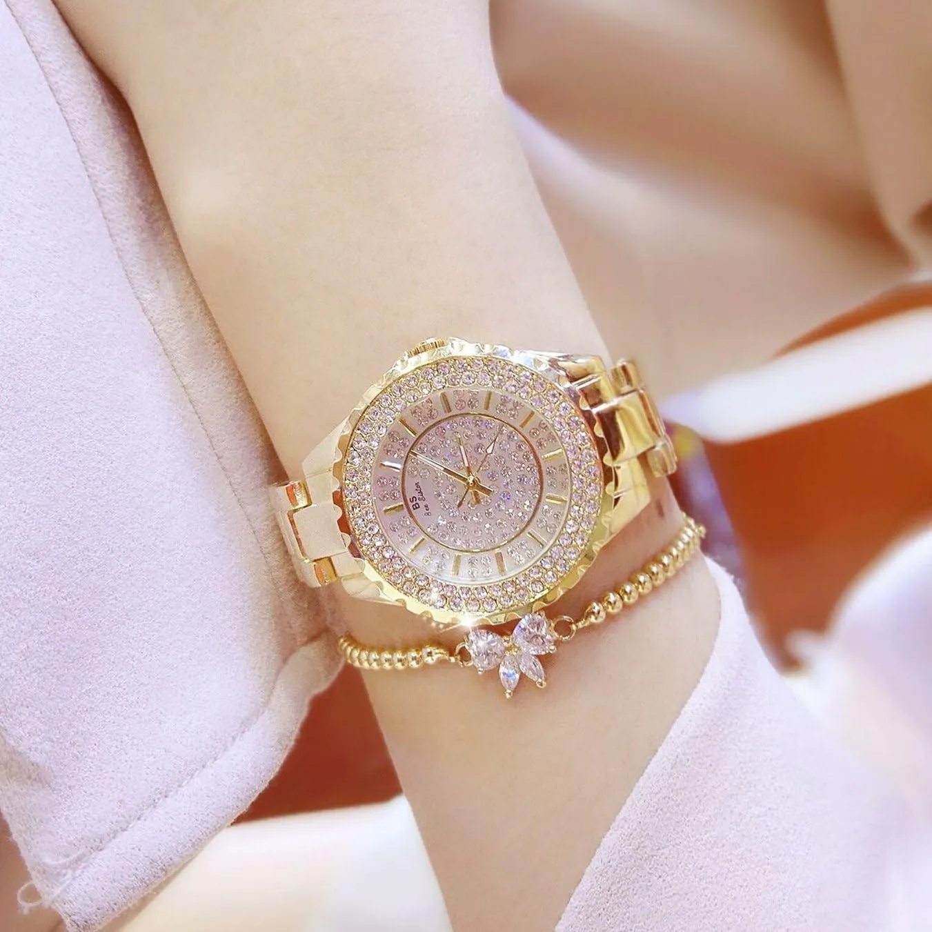 Analog Watch Diamond Rhinestone-Encrusted Dial Gold Silver crater Strap Ladies Elegant Dress Fashion Quartz Wristwatch CARLIEN Womens Luxury Dainty Round Dial Waterproof 