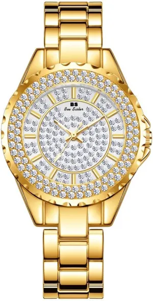 Analog Watch Diamond Rhinestone-Encrusted Dial Gold Silver crater Strap Ladies Elegant Dress Fashion Quartz Wristwatch CARLIEN Womens Luxury Dainty Round Dial Waterproof 