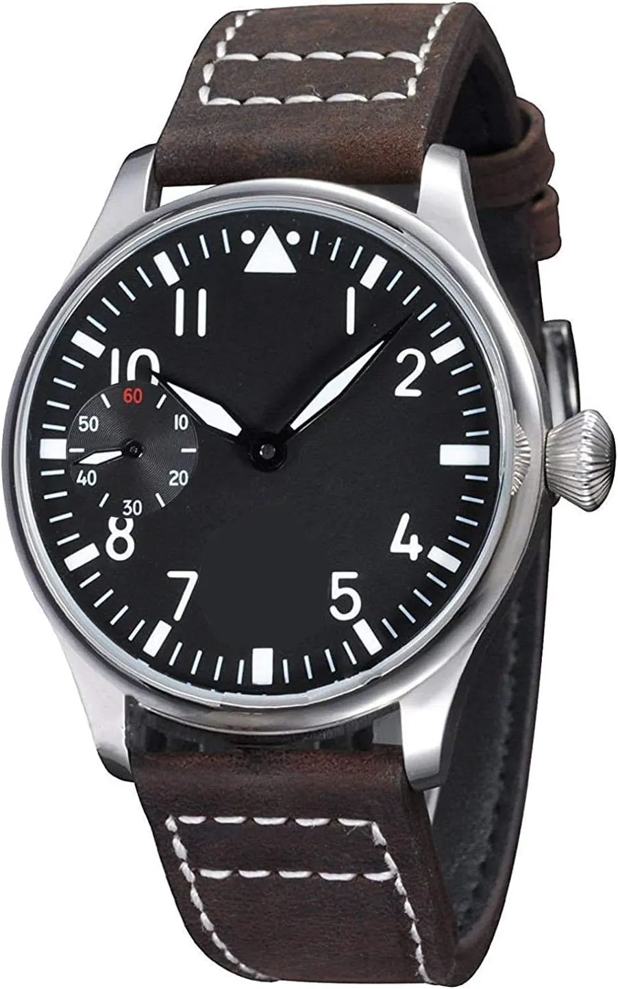 Analog Watch pit slacken sadden with Black Dial Luminous Dark Brown Leather Strap carlien Hand Wind Mechanical for Men Pilot Classic 
