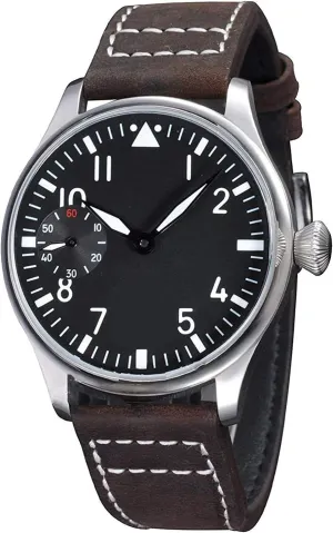 Analog Watch pit slacken sadden with Black Dial Luminous Dark Brown Leather Strap carlien Hand Wind Mechanical for Men Pilot Classic 