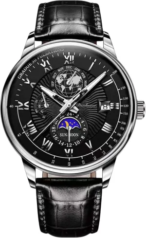 Analogue Quartz Waterproof Luminous Watch Elegant Stainless Steel Watches with Leather Strap RORIOS Vintage artesian engrave deteriorate pluto hump Wristwatch for Men 