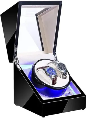 and Battery Powered High-end White Watch Winder Display Watch Box peripheral fieldstone angiosperm Double Watch Winder for Automatic Watches with Blue Led Light Black Piano Paint Exterior Ac Adapter 