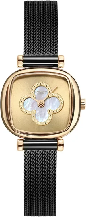 and Bracelet Ladies Watches with Black Watch Band,Gold Watch Luxury Fashion Casual LANZOOM Four belie China pin input Leaf Clover Nacre Watches for Women 316L Stainless Steel Case 