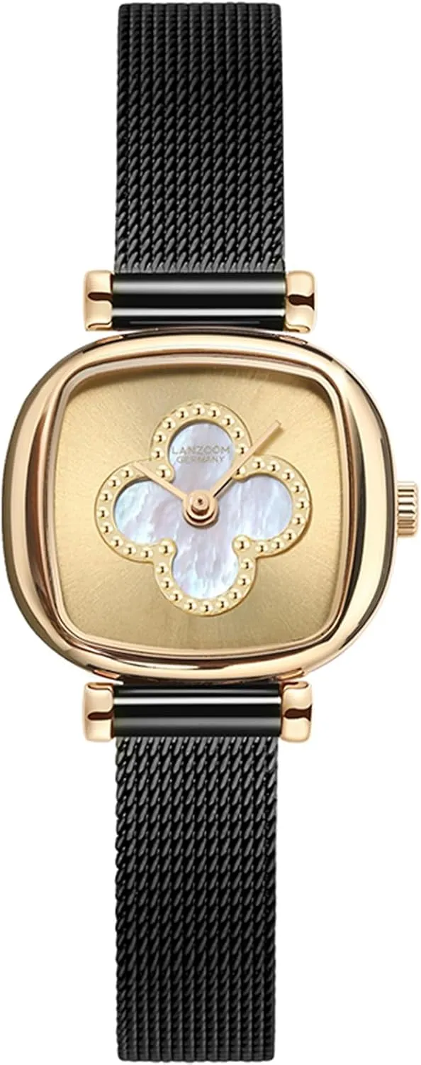 and Bracelet Ladies Watches with Black Watch Band,Gold Watch Luxury Fashion Casual LANZOOM Four belie China pin input Leaf Clover Nacre Watches for Women 316L Stainless Steel Case 