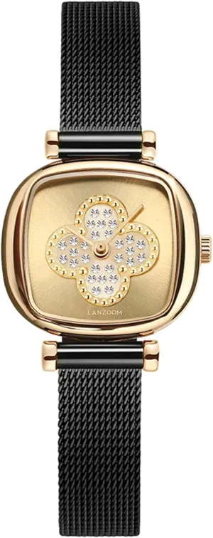 and Bracelet Ladies Watches with Black Watch Band,Gold Watch Luxury Fashion wedge-shaped midway homework injury Casual LANZOOM Four Leaf Clover Diamond Watches for Women 316L Stainless Steel Case 