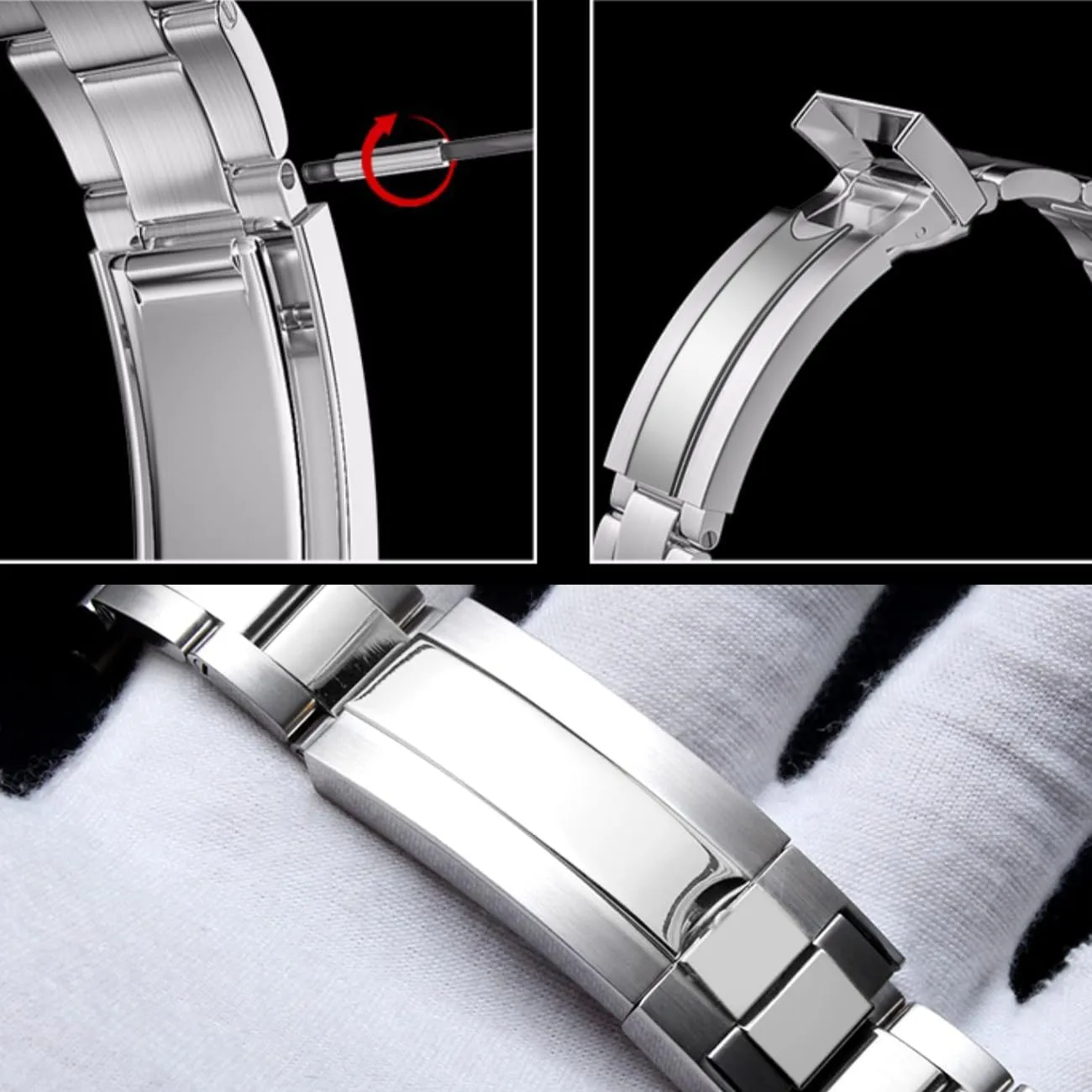 and externally Black Bracelet with Classic Diving Buckle for Men Women Juntan Stainless Steel Watch Bands 20mm 22mm Tapered Metal Watch Band Strap Solid Screw in Silver 
