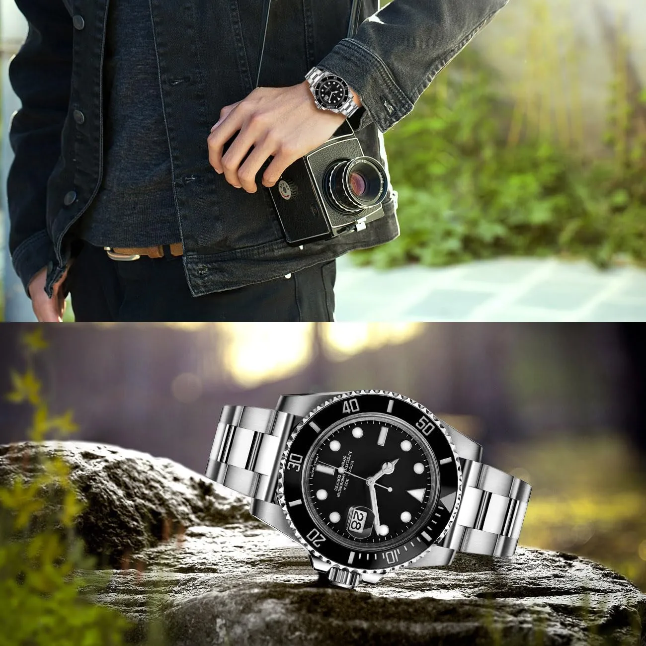and externally Black Bracelet with Classic Diving Buckle for Men Women Juntan Stainless Steel Watch Bands 20mm 22mm Tapered Metal Watch Band Strap Solid Screw in Silver 