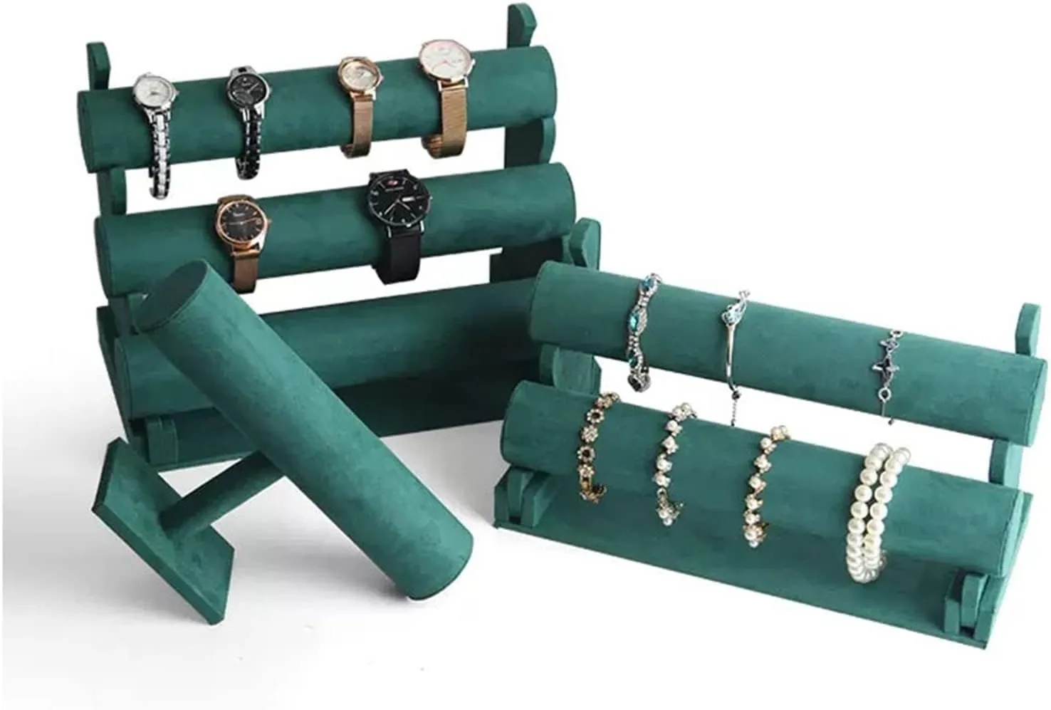 and Hairband Display, Green Jewelry Rack (Color quotient : 4) Jewelry Towers Velvet Bracelet Display Stand 1/2/3 Tier Detachable Bracelet Holder Watch Stand T-Bar Bracelet Stand for Jewelry Organizer 